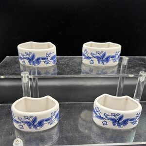 Floral Blue And White Design Footed Napkin Holder Porcelain/ceramic Set Of 4